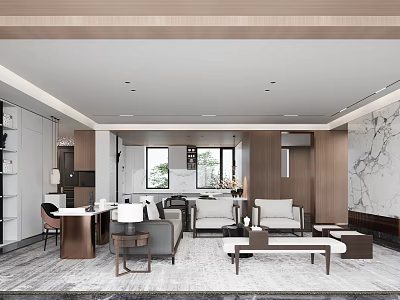 Modern Open Living and Dining Room Interior With Sofa Coffee Table Marble Wall And Lighting 3d model