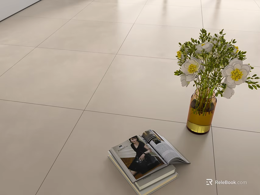 Light Colored Floor Tiles With White Flowers Vase And Stacked Magazines On Interior Floor 3d model 