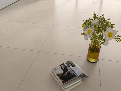 Light Colored Floor Tiles With White Flowers Vase And Stacked Magazines On Interior Floor 3d model