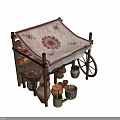 Traditional Wooden Canopied Handcart With Patterned Canopy Clay Pots And Buckets