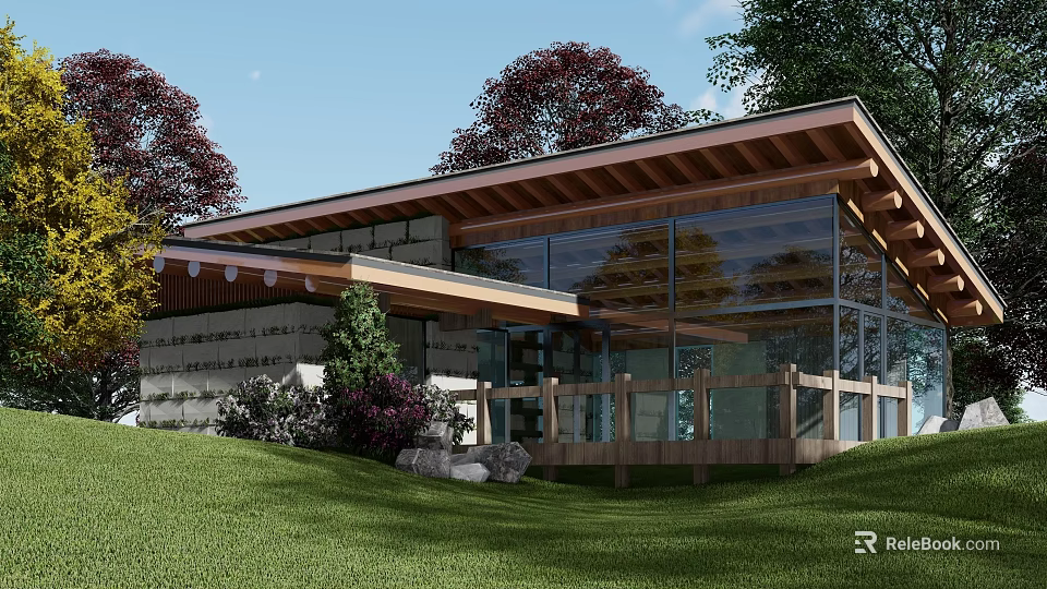 Modern Boutique Guesthouse Building With Wooden Roof Large Glass Windows Green Lawn And Surrounding Trees 3d model 