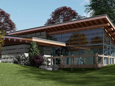 Modern Boutique Guesthouse Building With Wooden Roof Large Glass Windows Green Lawn And Surrounding Trees 3d model