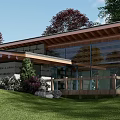 Modern Boutique Guesthouse Building With Wooden Roof Large Glass Windows Green Lawn And Surrounding Trees