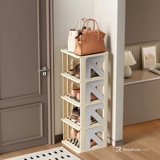 White Multi Tiered Shoe Rack With Handbag Shoes And Potted Plants In Hallway 3d model 