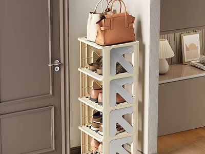 White Multi Tiered Shoe Rack With Handbag Shoes And Potted Plants In Hallway 3d model