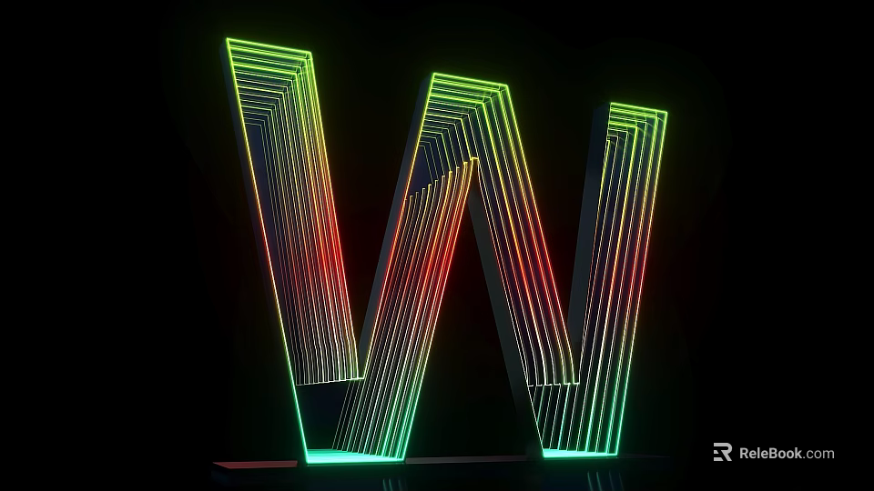 Stunning Neon Glowing Letter W With Colorful Lines And 3D Effect On Black Background 3d model 