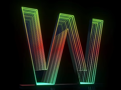 Stunning Neon Glowing Letter W With Colorful Lines And 3D Effect On Black Background 3d model
