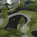 Serene Courtyard Garden With Lush Trees Green Grass Stone Paths And Warm Lighting