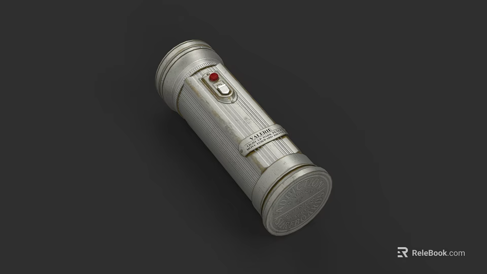 Silver Cylindrical Metallic Tool With Red Functional Button Engraved Text And Smooth Texture 3d model