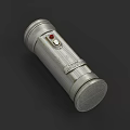 Silver Cylindrical Metallic Tool With Red Functional Button Engraved Text And Smooth Texture 3d model