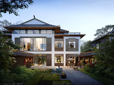 Traditional Detached Villa With Courtyard Garden Large Windows And Lush Greenery 3d model