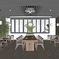Modern Restaurant Interior With Green Plants Wooden Tables Large Windows And Hanging Lamps