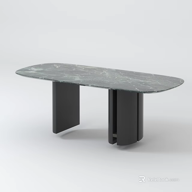 Modern Gray Marble Oval Dining Table Set With Black Metal Legs 3d model