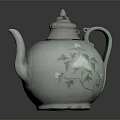 Celadon Teapot with Branch and Flower Pattern Elegant Traditional Design with Lid and Curved Handle