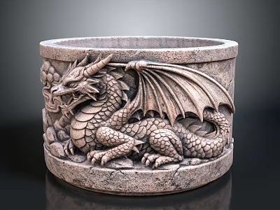 Detailed Dragon Sculpture Carving On Stone Container With Wings And Decorative Patterns 3d model
