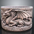 Detailed Dragon Sculpture Carving On Stone Container With Wings And Decorative Patterns