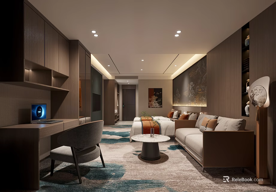 Elegant Modern Hotel Room Interior With Brown Wooden Furniture Sofa Coffee Table Desk And Carpet 3d model 
