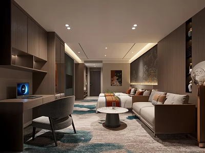 Elegant Modern Hotel Room Interior With Brown Wooden Furniture Sofa Coffee Table Desk And Carpet 3d model
