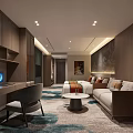 Elegant Modern Hotel Room Interior With Brown Wooden Furniture Sofa Coffee Table Desk And Carpet