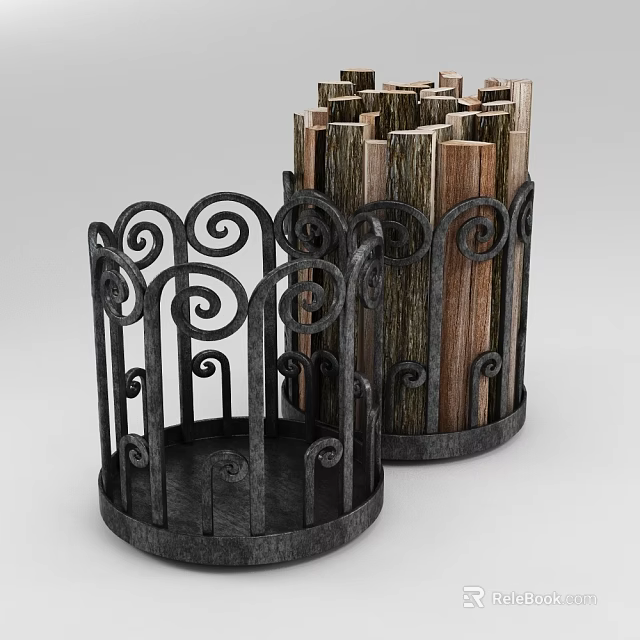 Artisanal Stacked Stone Wood Containers With Ornate Iron Scroll Frames 3d model 