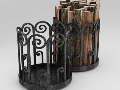 Artisanal Stacked Stone Wood Containers With Ornate Iron Scroll Frames 3d model