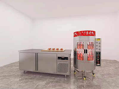 Stainless Steel Workbench With Fruits And Beverage Display Cooler With Red Signboard 3d model