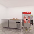 Stainless Steel Workbench With Fruits And Beverage Display Cooler With Red Signboard