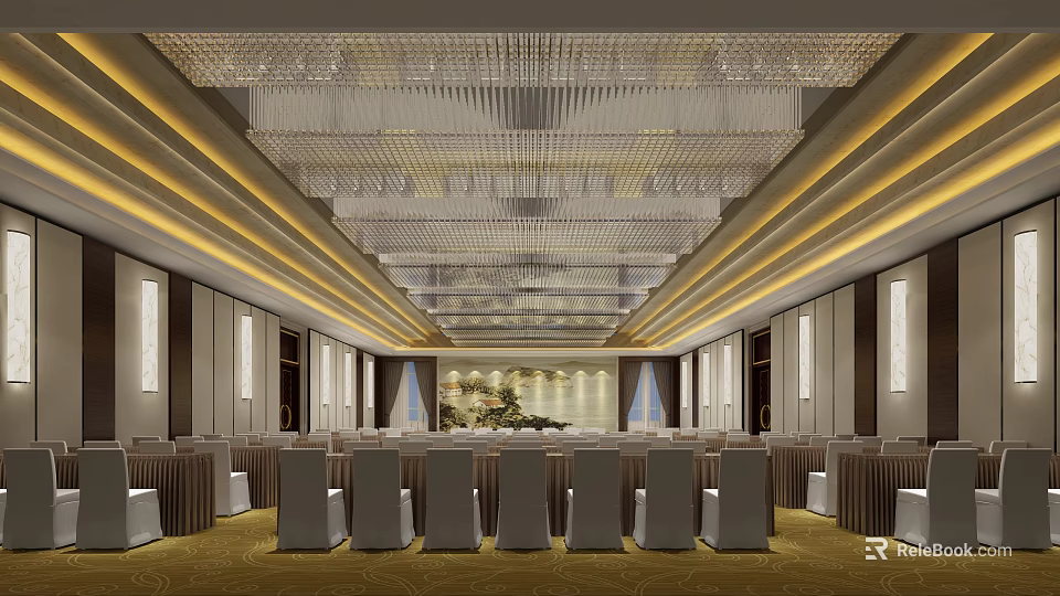 Luxurious Conference Room Interior With Arranged Chairs Ornate Chandeliers and Stage Setup 3d model 