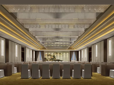 Luxurious Conference Room Interior With Arranged Chairs Ornate Chandeliers and Stage Setup 3d model