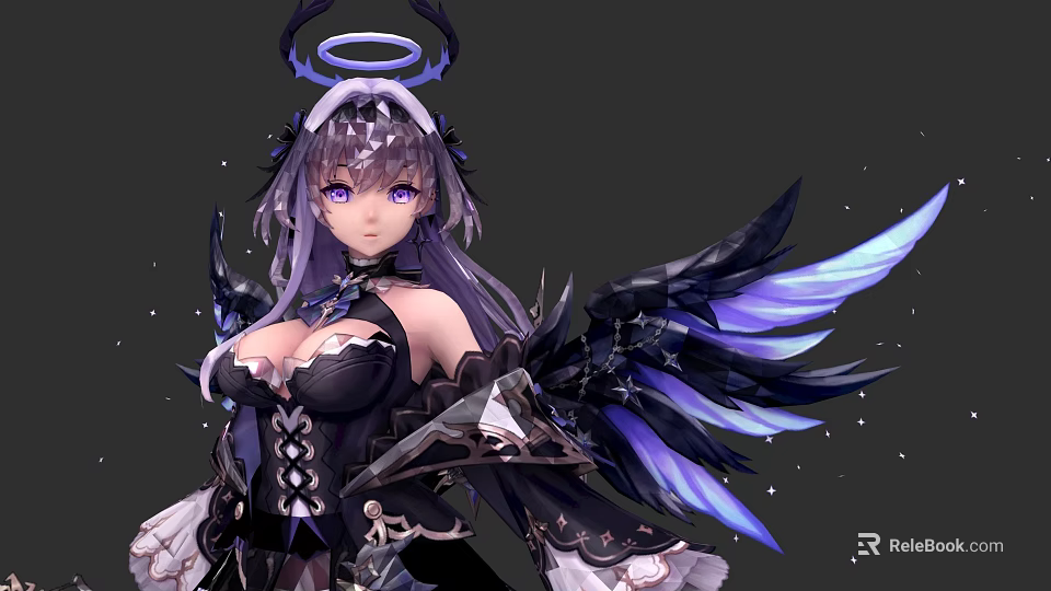 Game Movie Character With Purple Hair Eyes Halo Black Purple Wings In Black Lace Outfit 3d model 