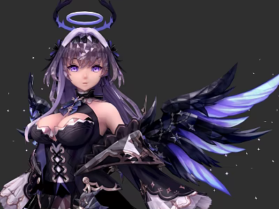 Game Movie Character With Purple Hair Eyes Halo Black Purple Wings In Black Lace Outfit 3d model
