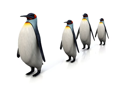 Four Aquatic Penguins Standing in Line with Red Head Yellow Neck and White Plumage 3d model