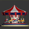 Colorful Carousel With Red And White Canopy Flag And Horse Figures On Blue Orange Base