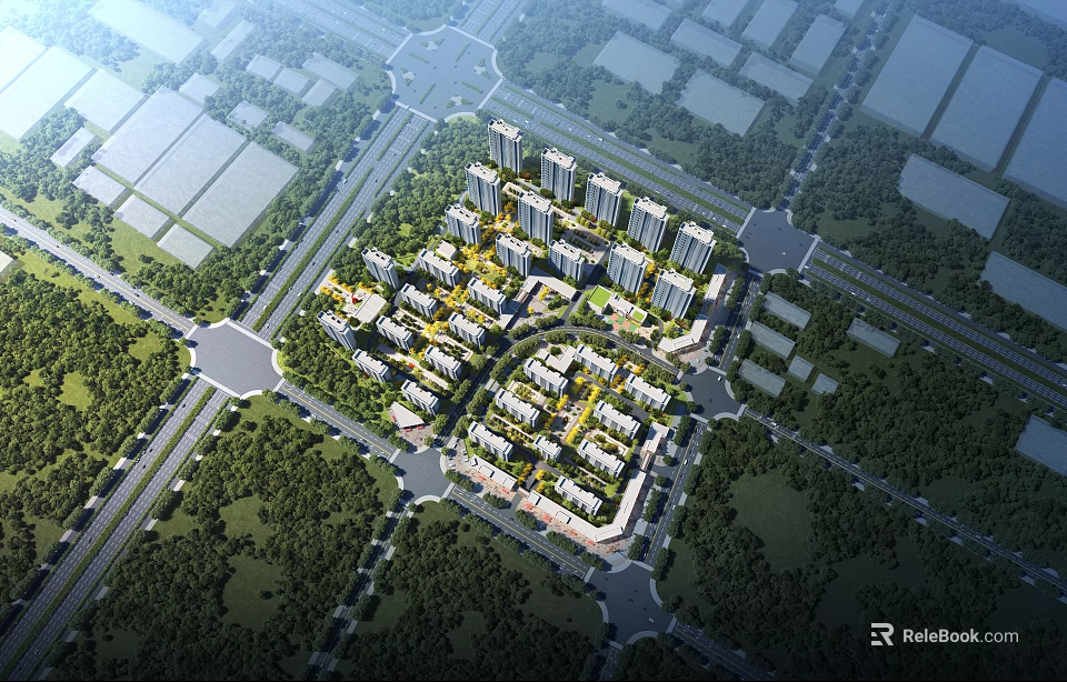 Aerial Planning of Modern Residential Area Featuring Building Layout Roads and Green Spaces 3d model 