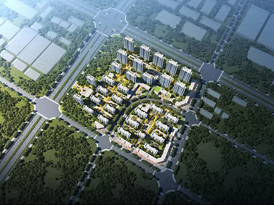 Aerial Planning of Modern Residential Area Featuring Building Layout Roads and Green Spaces 3d model
