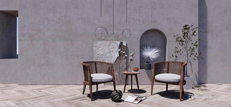 Rattan Chairs And Small Coffee Table In Minimalist Room With Grey Wall And Wooden Floor 3d model 