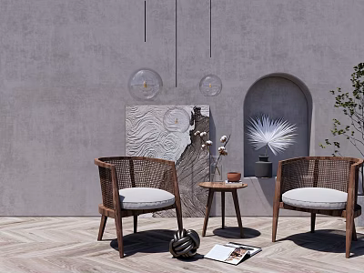 Rattan Chairs And Small Coffee Table In Minimalist Room With Grey Wall And Wooden Floor 3d model
