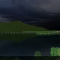 Scenic Landscape Featuring Green Hills Long White Bridge Calm Lake Trees And Dark Clouds Sky