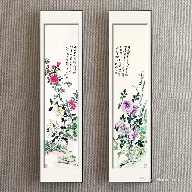 Traditional Chinese Plant Paintings on Scrolls with Floral Art and Calligraphy Details 3d model 