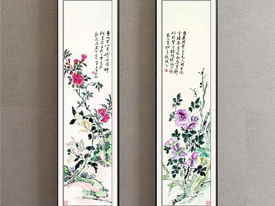 Traditional Chinese Plant Paintings on Scrolls with Floral Art and Calligraphy Details 3d model