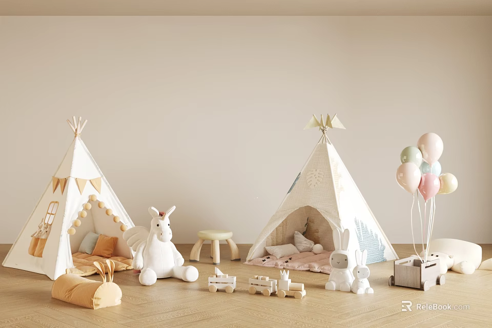 Cozy Kids Playroom Interior With Teepees Bunny Plush Toys Colorful Balloons And Wooden Toys 3d model 