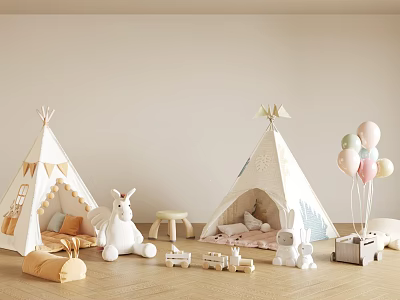 Cozy Kids Playroom Interior With Teepees Bunny Plush Toys Colorful Balloons And Wooden Toys 3d model