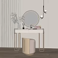 Elegant Dressing Table With Round Gold Frame Mirror White Countertop Cosmetics And Beige Stool 3d model