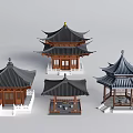 Various Traditional Chinese Landscape Pavilions With Curved Eaves And Wooden Structures