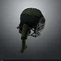 Green Military Weapon Helmet With Black Visor And Mechanical Components