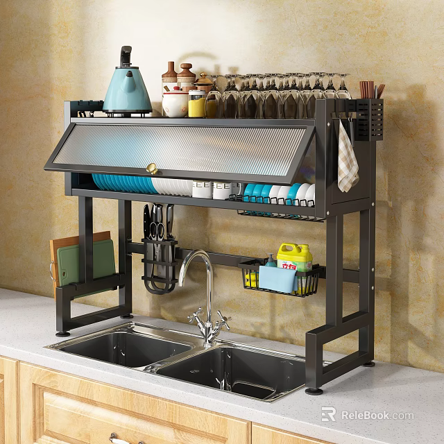 Kitchen Shelf Over Sink Organizing Dishes Knives Cups Spices And Cleaning Supplies 3d model 