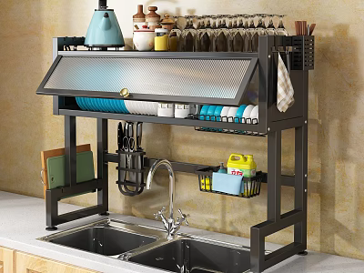 Kitchen Shelf Over Sink Organizing Dishes Knives Cups Spices And Cleaning Supplies 3d model