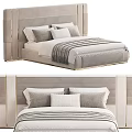 Elegant Modern Double Bed With Beige Upholstered Headboard Gold Trim Multiple Pillows And Striped Blanket