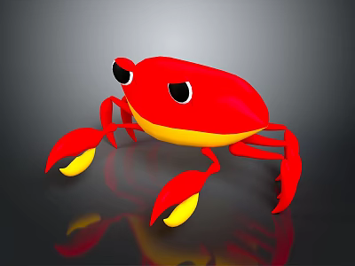 Red Cartoon Crab Character With Yellow Claws On Shiny Black Surface 3d model