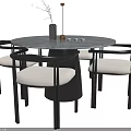 Modern Round Marble Tabletop Dining Table Set With Black Frame And White Upholstered Four Chairs 3d model